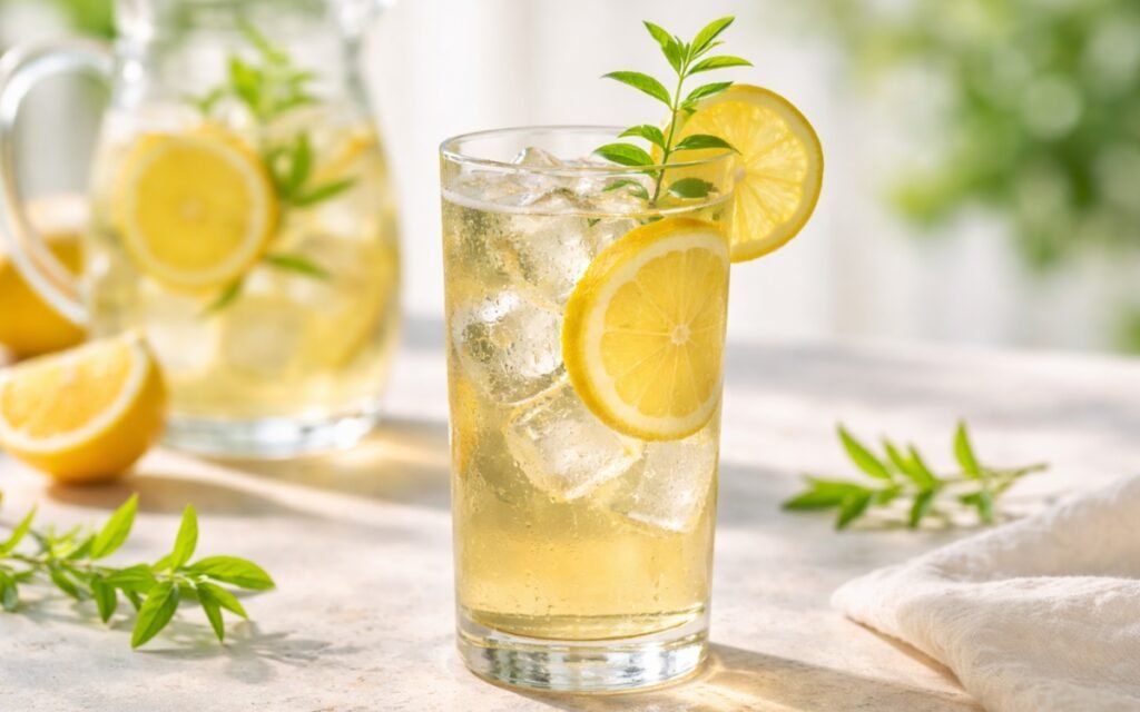 light lemon verbena iced tea with lemon slices and fresh herbs in glass