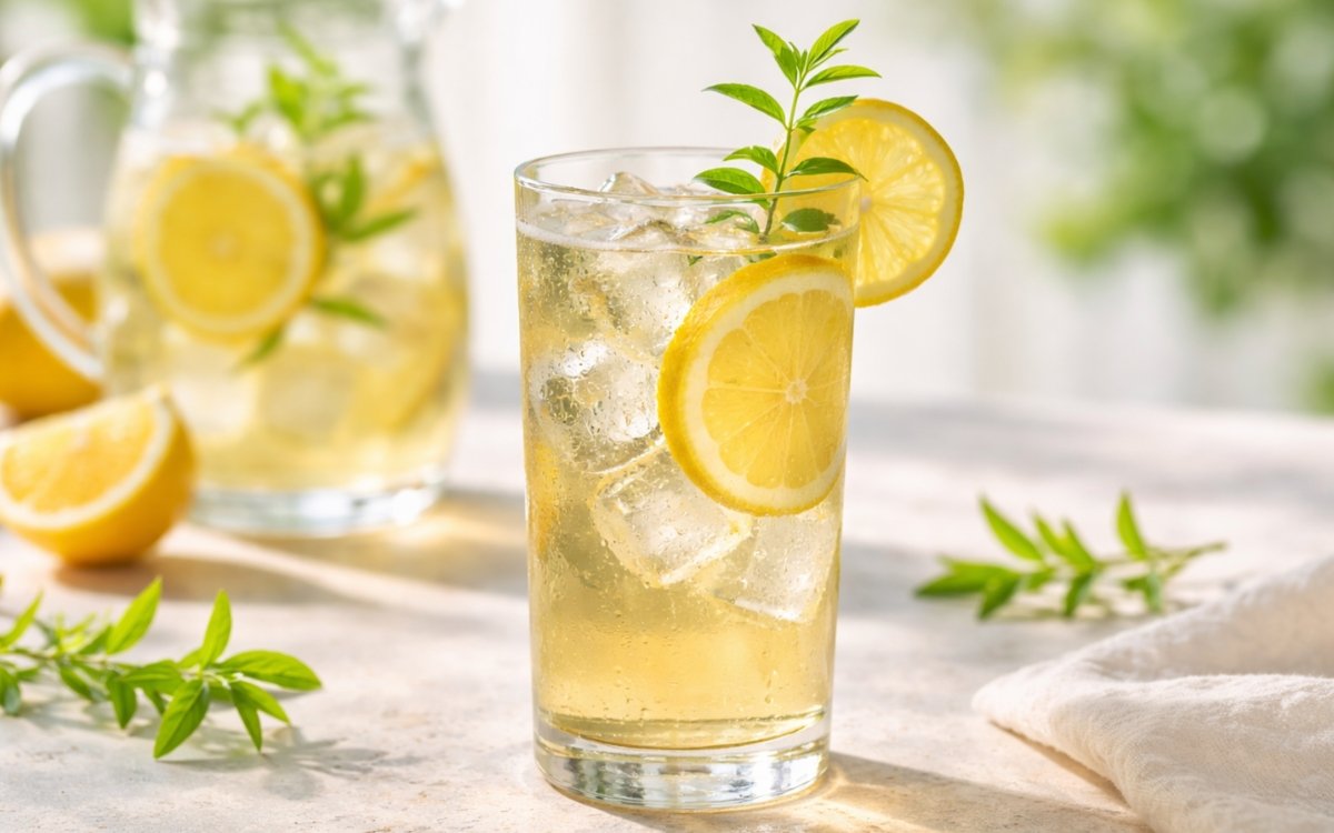 light lemon verbena iced tea with lemon slices and fresh herbs in glass