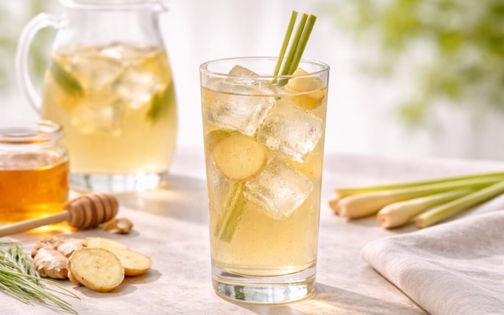lemongrass ginger white iced tea served over ice with fresh lemongrass