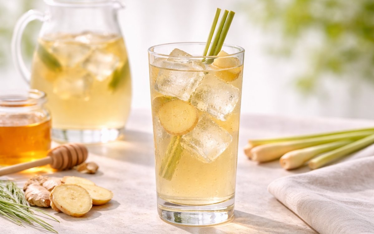 lemongrass ginger white iced tea served over ice with fresh lemongrass