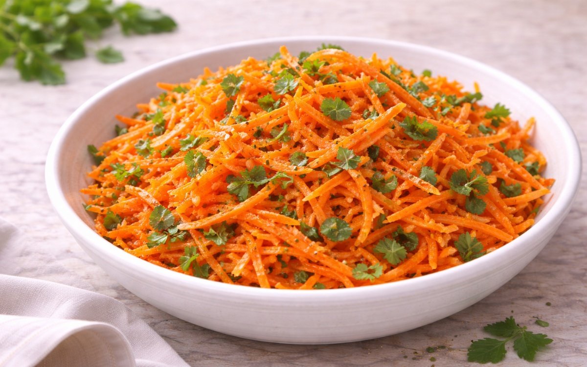 Light carrot lemon salad with shredded carrots, fresh herbs, and bright lemon dressing in a white bowl