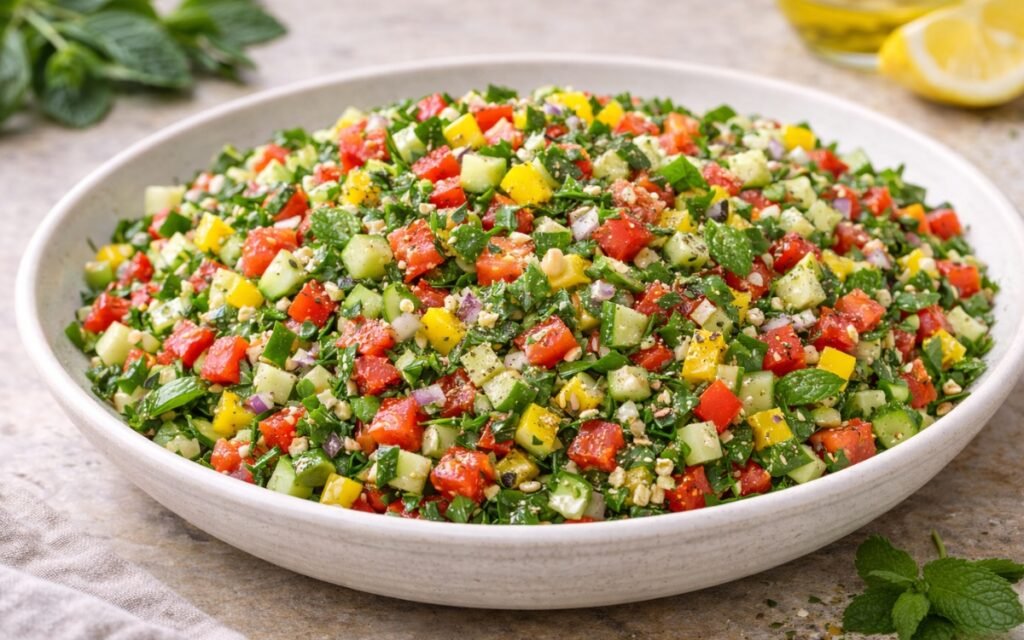 Fresh chopped vegetable salad with colorful diced bell peppers, cucumbers, tomatoes, and herbs