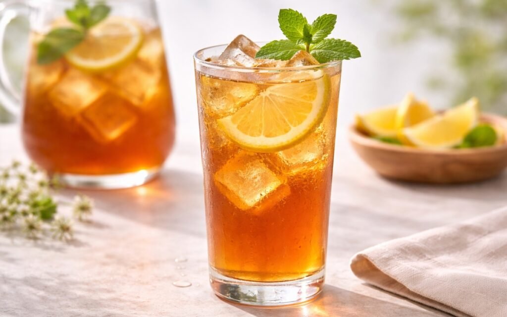 lemon mint iced black tea served over ice with fresh lemon and mint