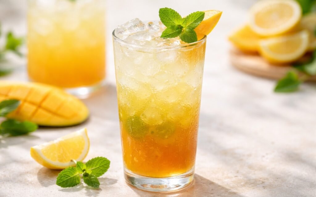 light mango green tea lemonade with ice, fresh mint, and mango garnish