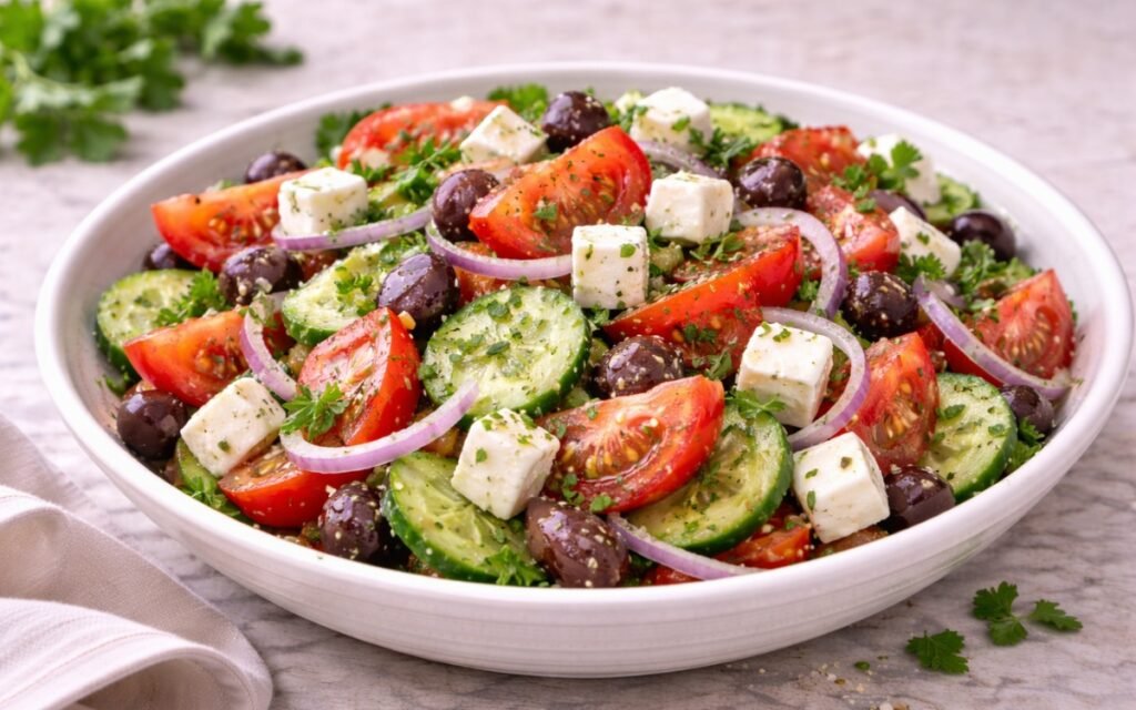 greek tomato cucumber salad with feta cheese and Kalamata olives in serving bowl