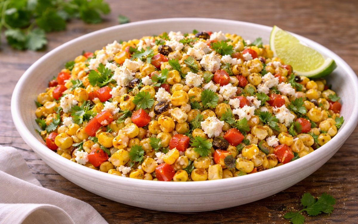 Mexican grilled corn salad in a bowl with charred corn kernels, red peppers, cilantro, and crumbled queso fresco