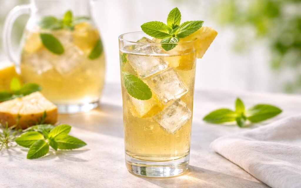 mint pineapple white tea cooler served over ice with fresh mint and pineapple