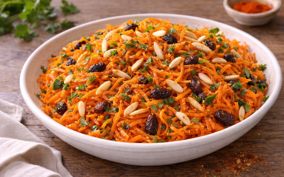 Moroccan carrot salad in a white bowl with grated carrots, fresh herbs, raisins, and toasted almonds