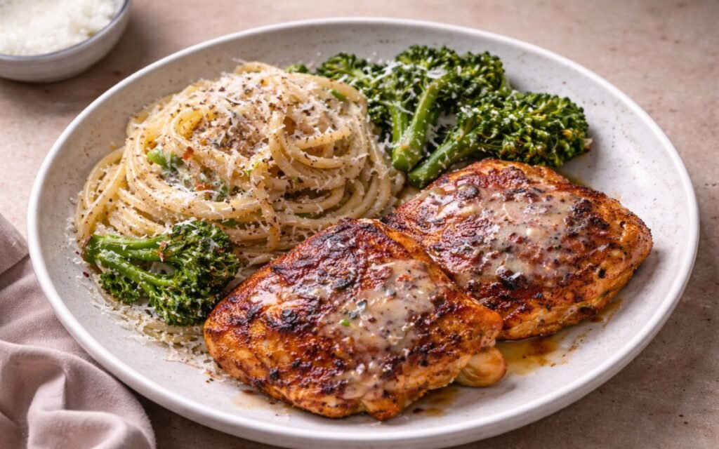 Oven baked chicken thighs with cheesy cacio e pepe spaghetti and pan-seared broccolini in a white bowl, topped with freshly grated Parmesan