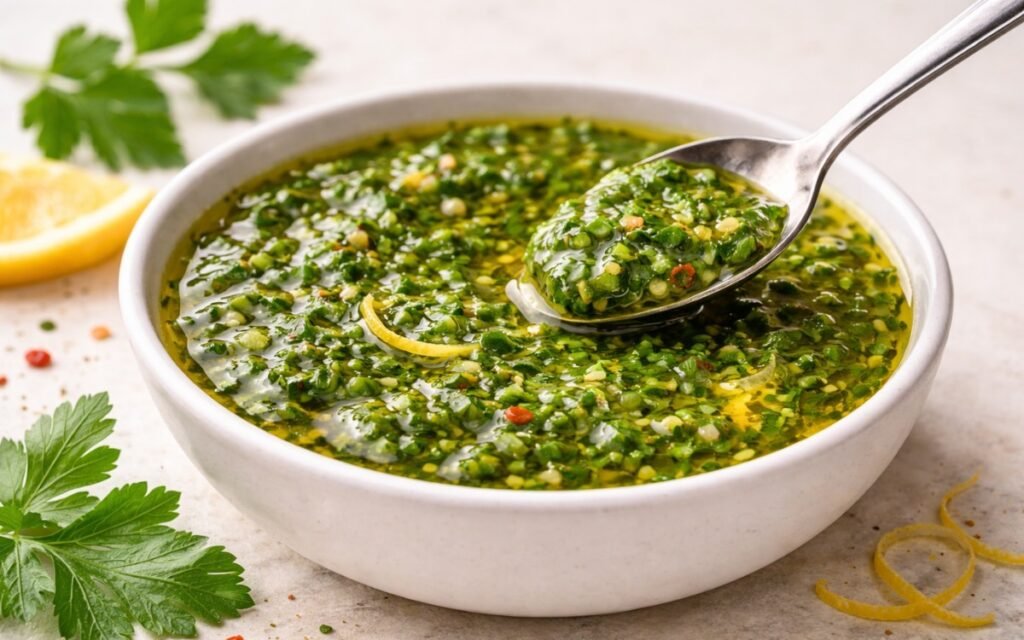 Bright green parsley lemon herb sauce in a white bowl with fresh parsley and lemon beside it