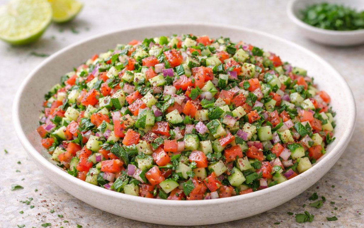 Persian Shirazi salad with diced cucumbers, tomatoes, and herbs in a white bowl