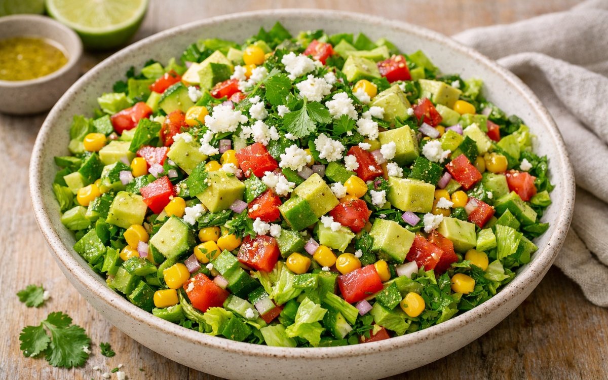 Peruvian chopped salad with corn, avocado, tomatoes, and crumbled queso fresco in white bowl