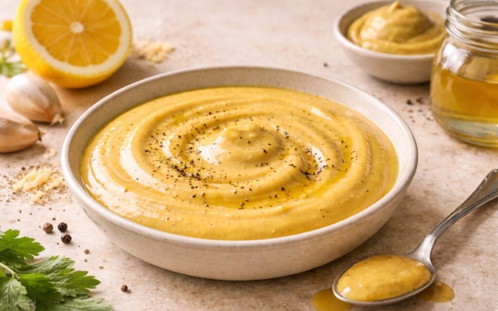 Creamy honey mustard sauce in a white bowl with a spoon, showing smooth golden consistency with visible mustard seeds