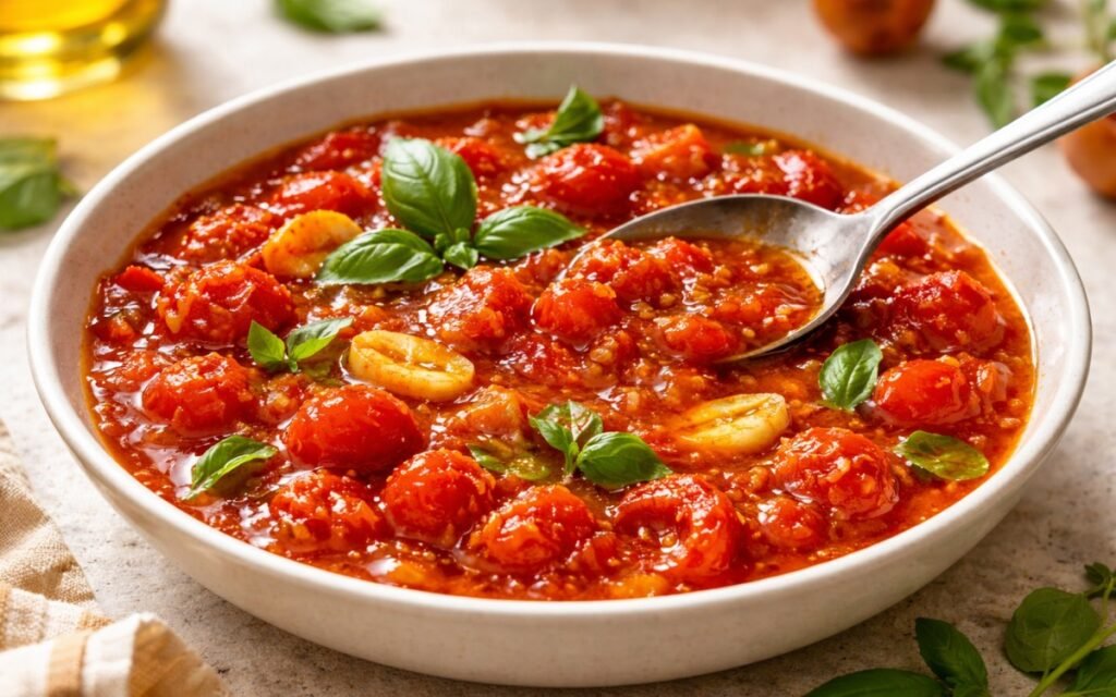 Quick warm tomato garlic sauce in a white pan showing burst cherry tomatoes in glossy sauce with fresh basil