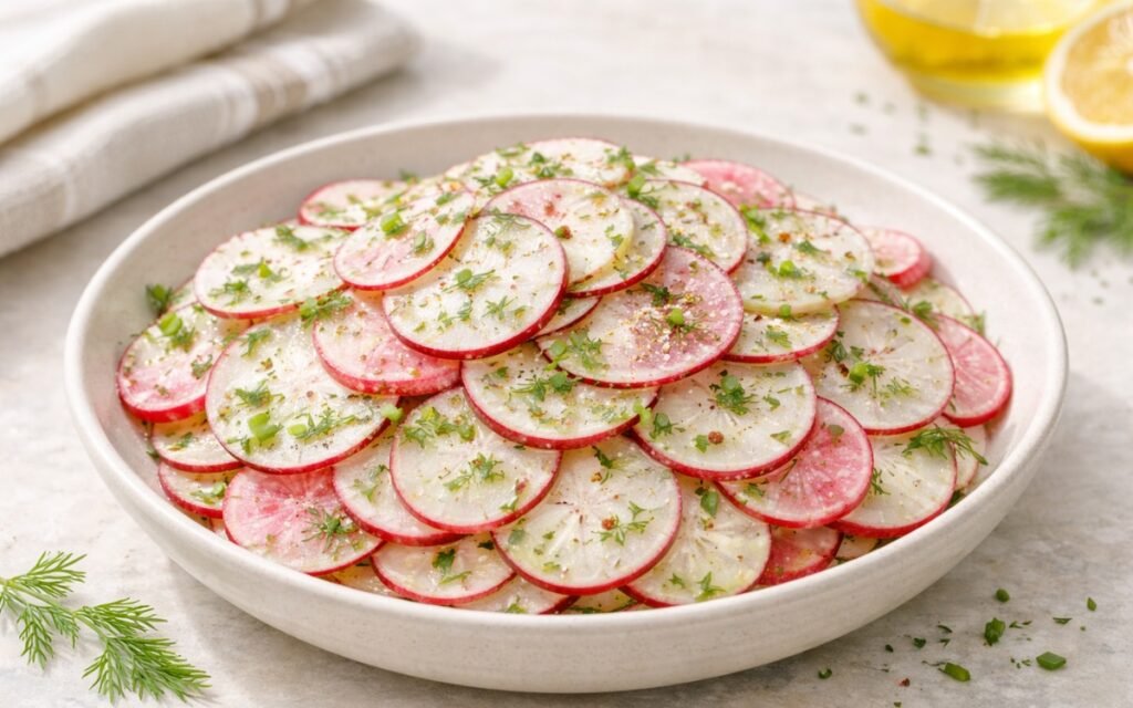 Radish lemon salad with thinly sliced radishes, fresh herbs, and lemon dressing in a white bowl