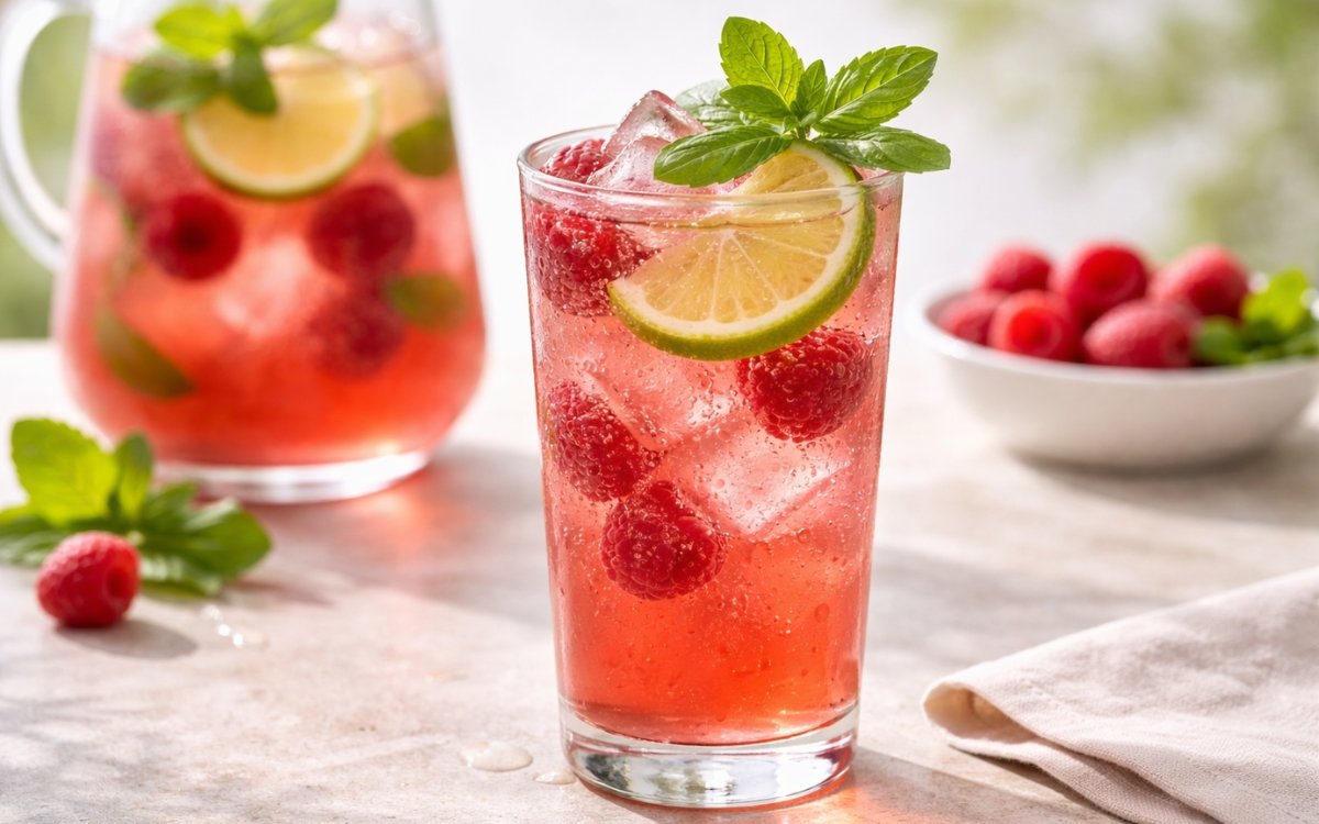 raspberry basil lemonade with lime slices and fresh mint on ice
