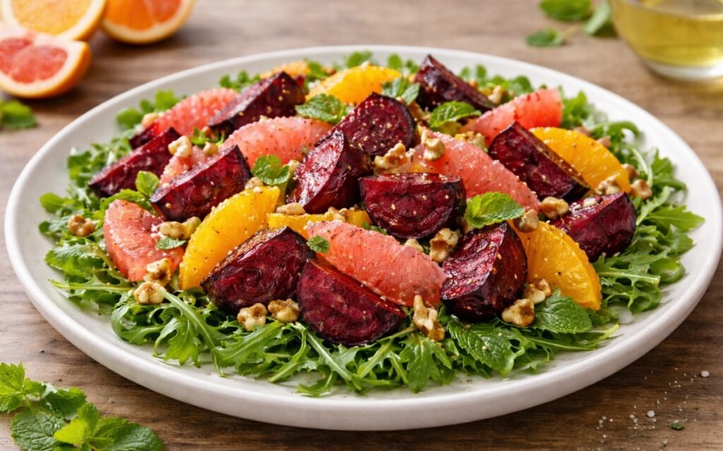 Roasted beet and citrus salad on a white platter with arugula, orange segments, grapefruit, and toasted walnuts