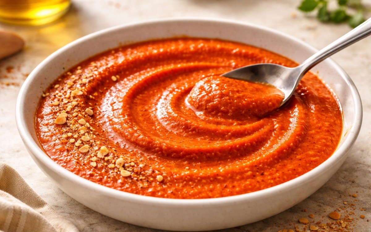 Roasted red pepper sauce in a white bowl showing smooth, vibrant orange-red sauce with visible texture