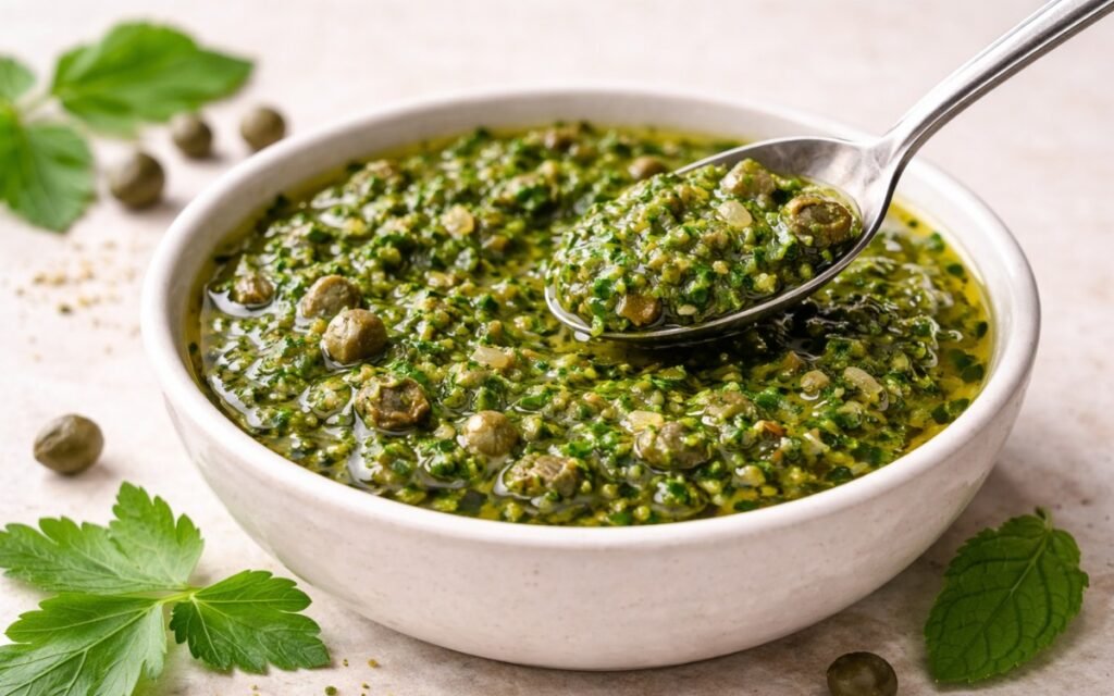 Bright green salsa verde with capers in a white bowl with fresh herbs visible throughout