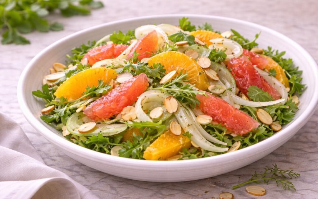 Shaved fennel citrus salad with paper-thin fennel slices, orange and grapefruit segments, and arugula