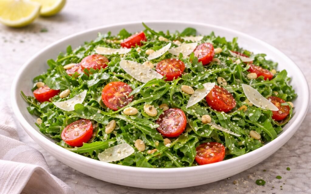 Close-up of simple arugula salad with peppery greens, cherry tomatoes, and Parmesan shaving