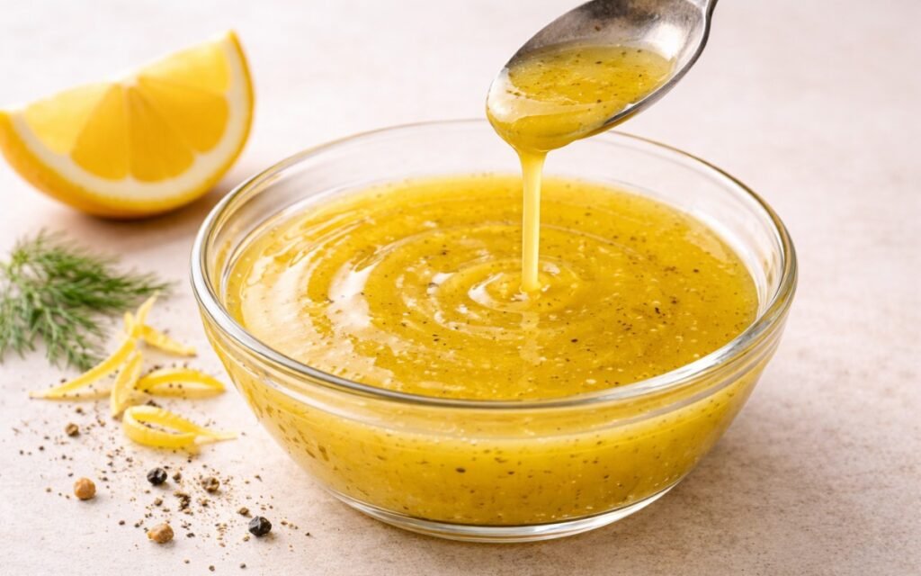 Simple lemon vinaigrette in a small glass jar showing bright yellow dressing with visible emulsion