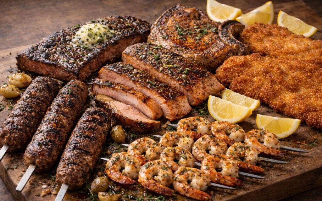 Grilled steak, sliced chicken breast, shrimp skewers, pork chops, and sausages arranged on a wooden board with lemon wedges and herbs