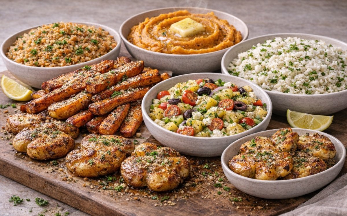 Assorted side dishes including roasted potatoes, mashed sweet potatoes, rice, couscous salad, and garlic roasted vegetables arranged on a wooden board