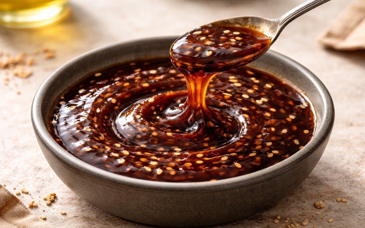 Soy ginger glaze in a small saucepan showing glossy dark glaze with visible ginger and sesame seeds