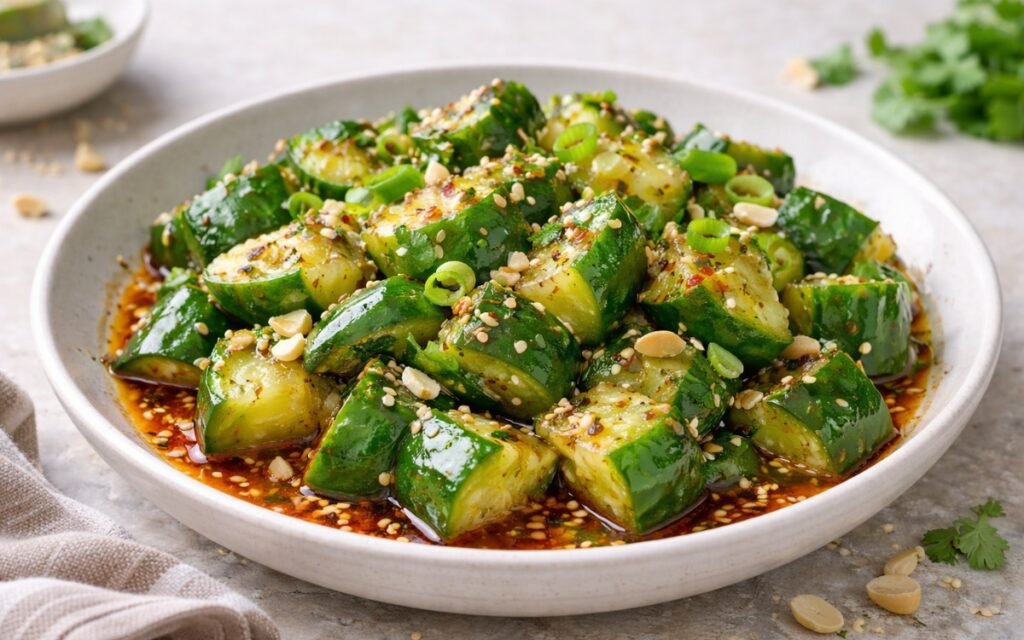 Spicy smashed Asian cucumber salad with chili oil and sesame seeds in a bowl