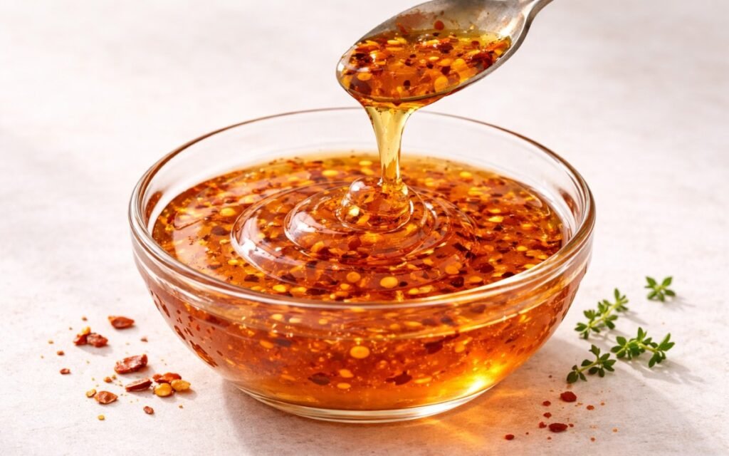 Spicy honey drizzle in a glass jar showing golden honey with visible red chili flakes