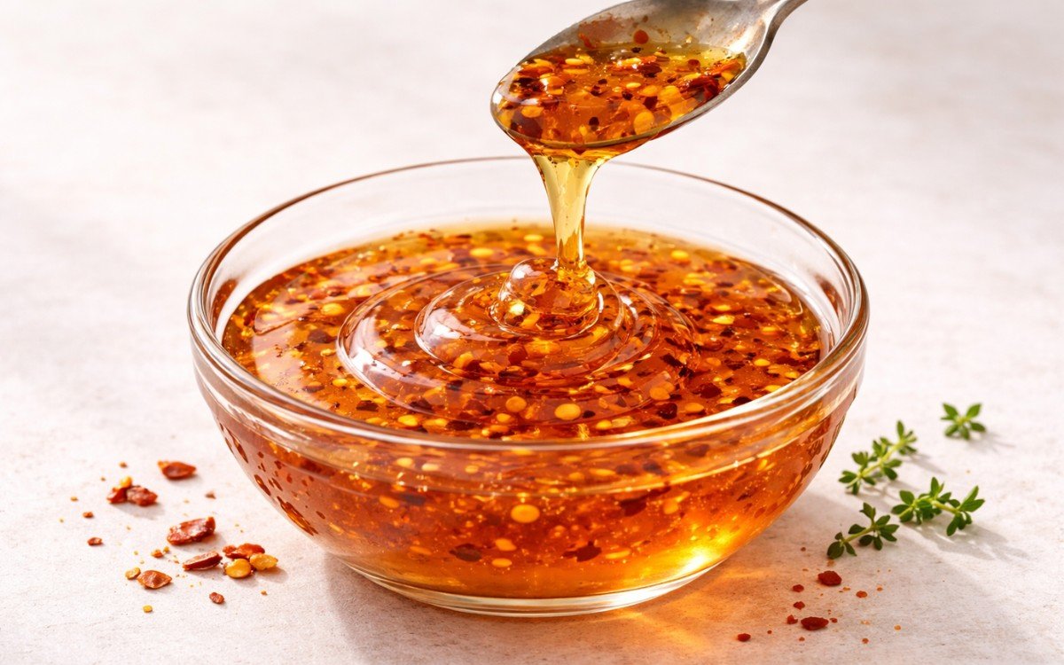 Spicy honey drizzle in a glass jar showing golden honey with visible red chili flakes