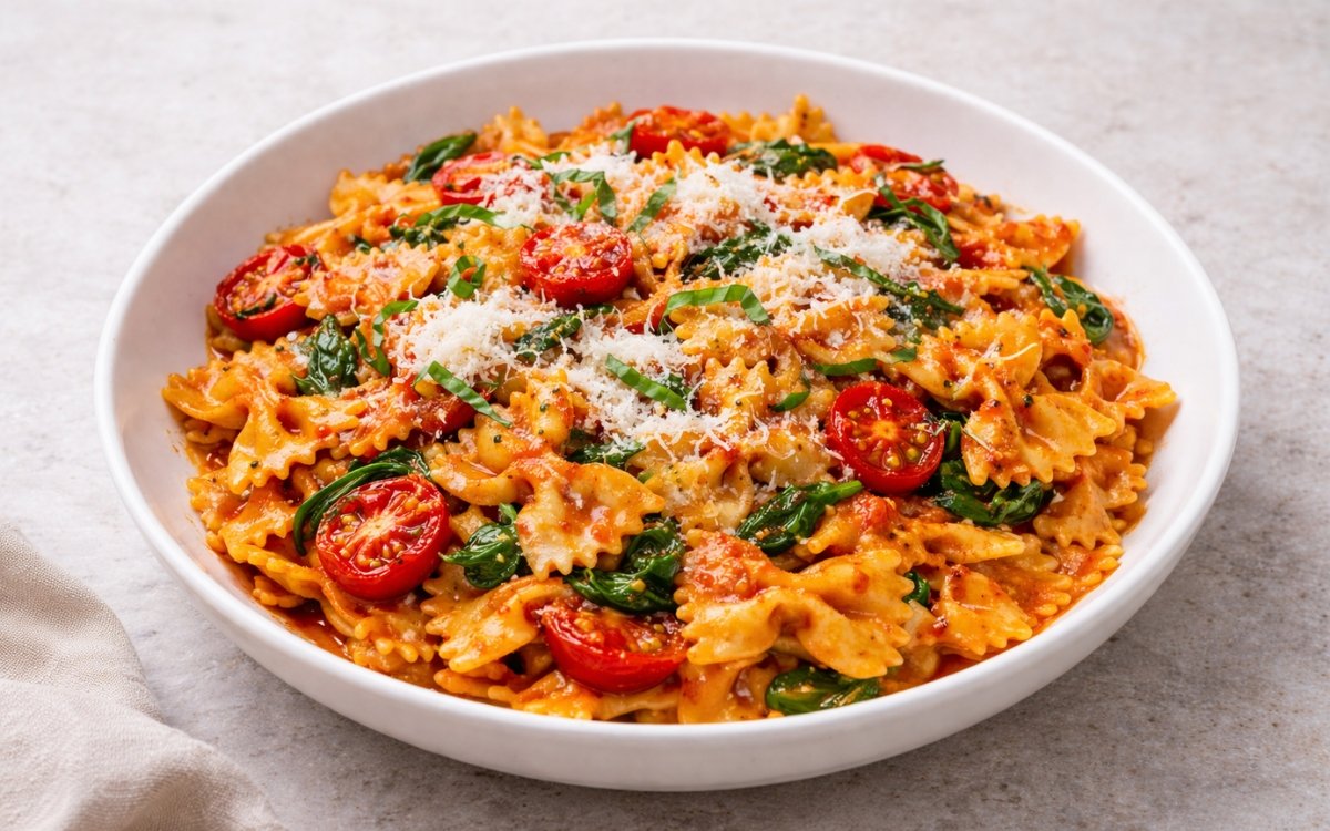 Tomato spinach farfalle pasta topped with Parmesan and basil in a white bowl