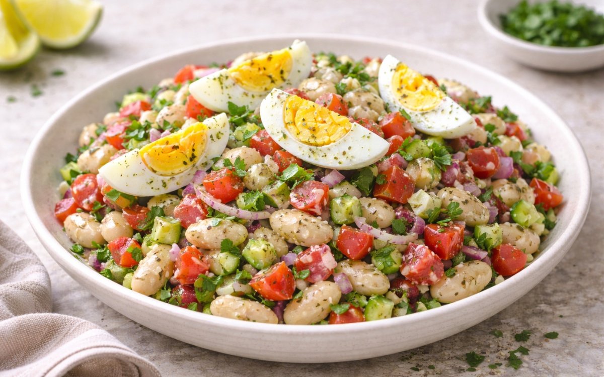 Close-up of Turkish piyaz bean salad in a white bowl with cannellini beans, tomatoes, red onions, and hard-boiled eggs