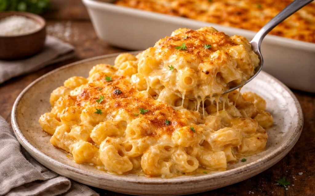 ultra creamy baked mac and cheese in white baking dish with golden bubbly top