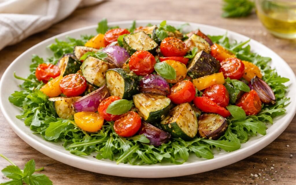 Warm roasted vegetable salad with colorful bell peppers, zucchini, and cherry tomatoes on a bed of fresh arugula