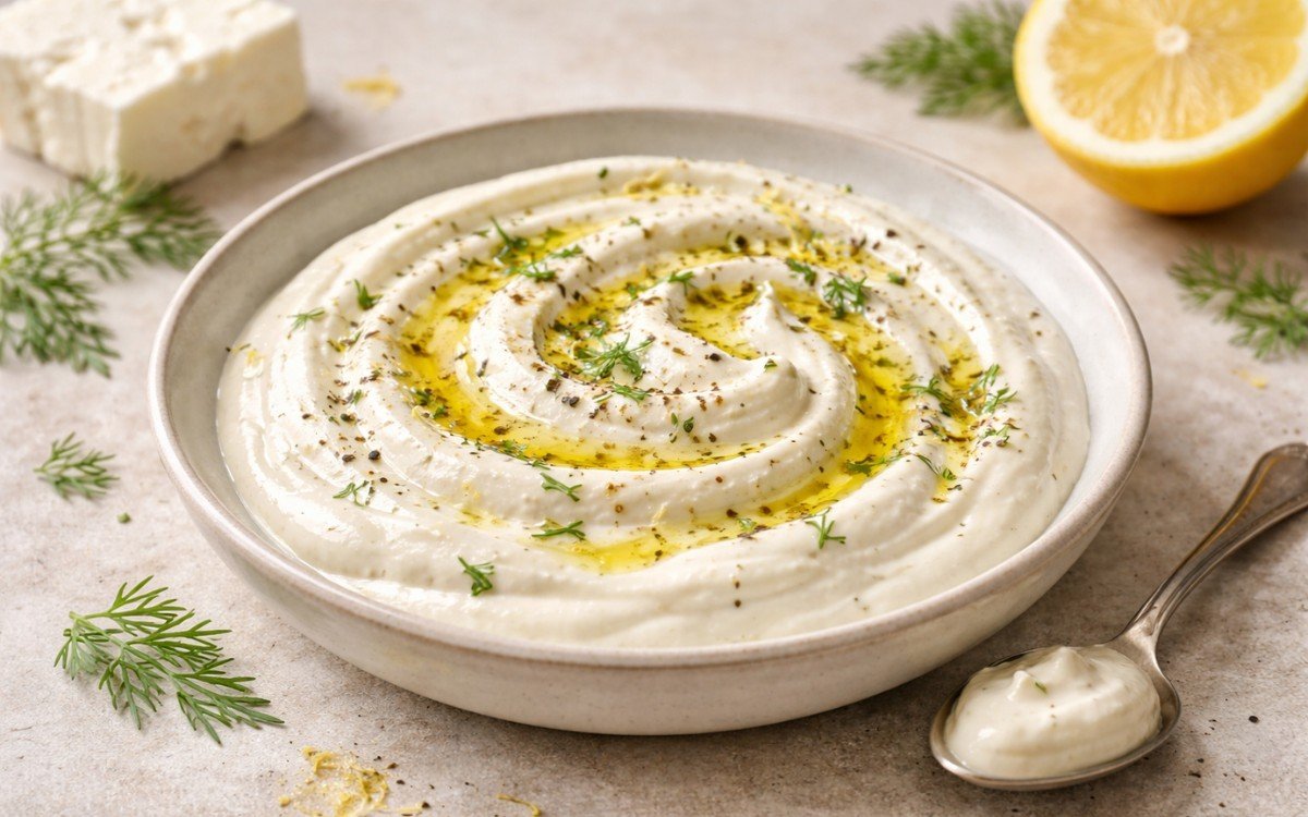 Bowl of fluffy white Whipped Feta Yogurt Sauce with olive oil drizzle and fresh dill