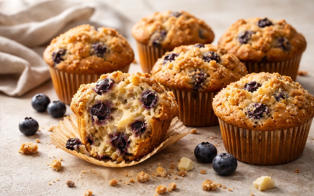 freshly baked White Chocolate Blueberry Muffins with white chocolate and crumb topping