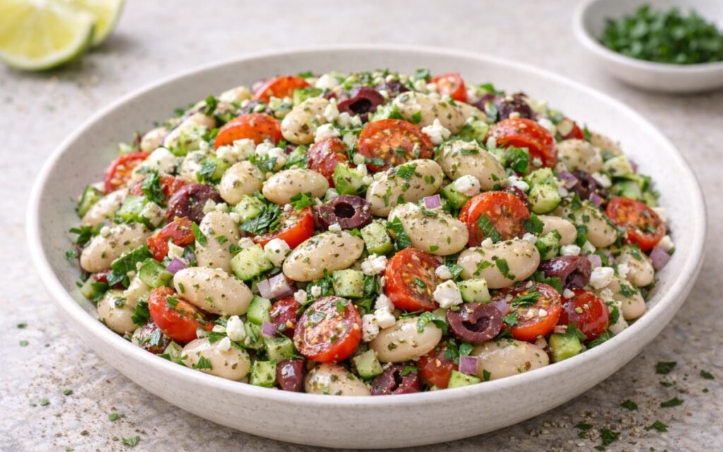 Za'atar white bean salad with tomatoes, cucumber, olives, and feta in bowl