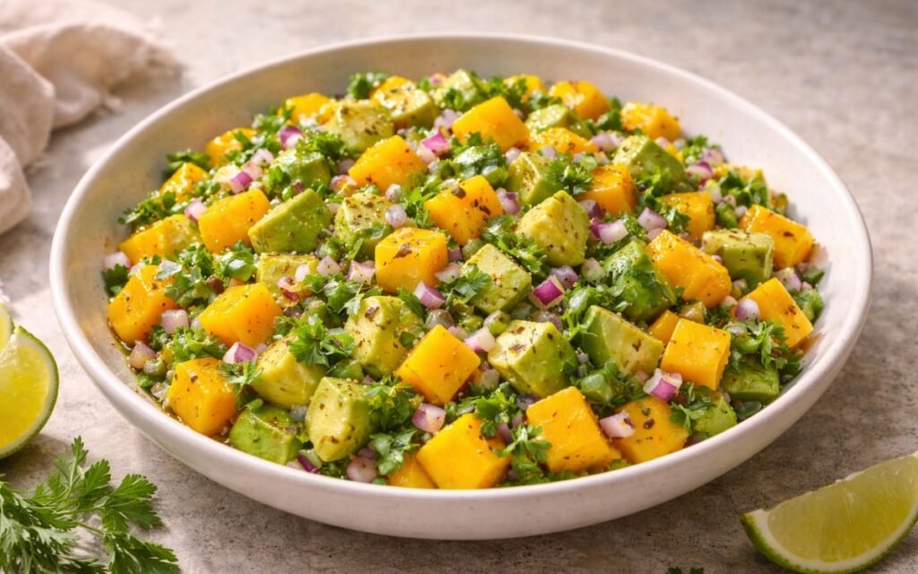 Avocado and mango salsa in a white bowl showing orange mango cubes, green avocado pieces, red onion, fresh cilantro, and lime wedges on marble surface