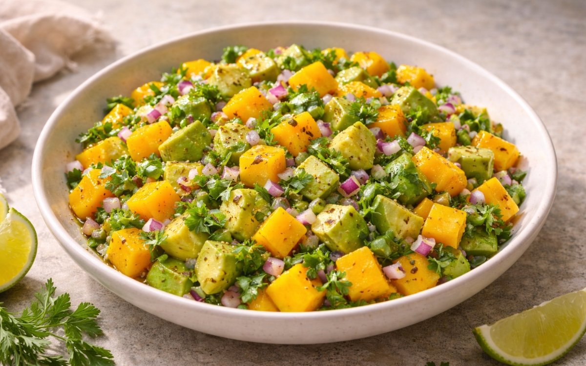Avocado and mango salsa in a white bowl showing orange mango cubes, green avocado pieces, red onion, fresh cilantro, and lime wedges on marble surface