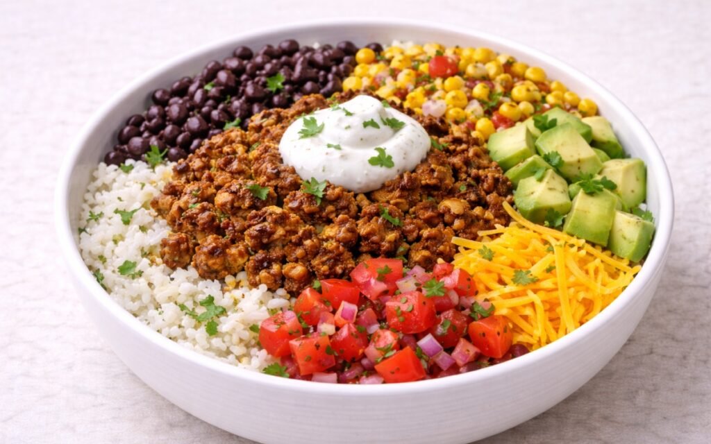 Beef burrito bowl with cilantro-lime rice, seasoned ground beef, black beans, corn, avocado, cheese, and sour cream in a white bowl