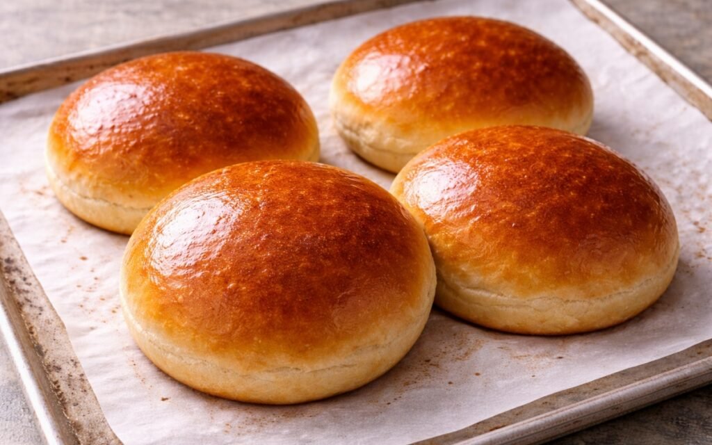 Four golden brioche burger buns on a wire rack showing deep golden glossy egg-washed surface with soft rounded shape on marble surface