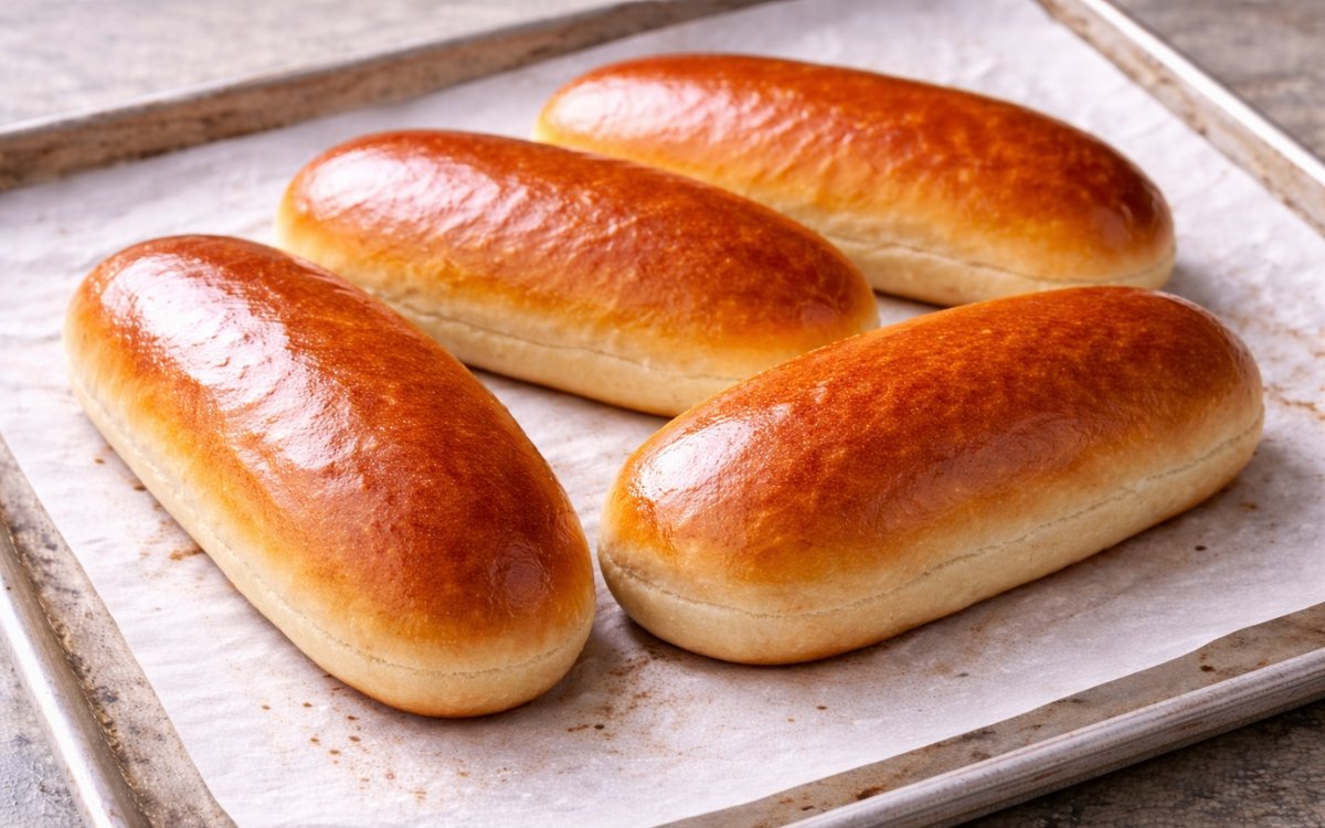 Four golden brioche hot dog buns on a wire rack showing deep golden glossy egg-washed surface with elongated log shape on marble surface