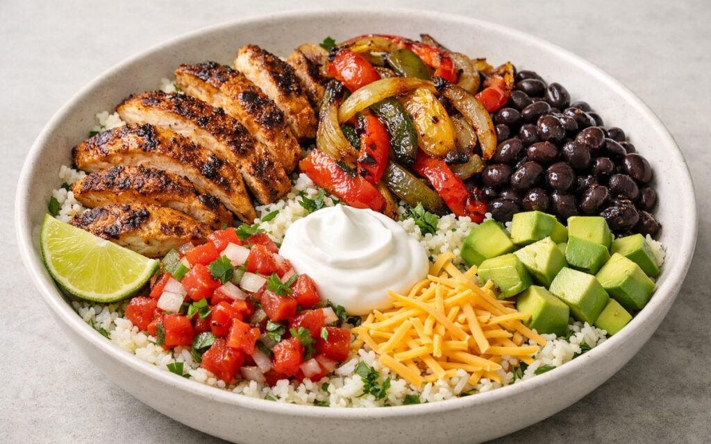 Colorful chicken fajita bowl with charred peppers, black beans, avocado, and sour cream over cilantro-lime rice