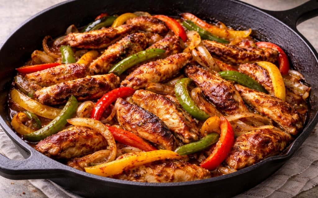 Chicken fajita in a cast iron pan showing sliced charred chicken thighs with caramelised tri-colour pepper strips and onions with lime wedge on marble surface