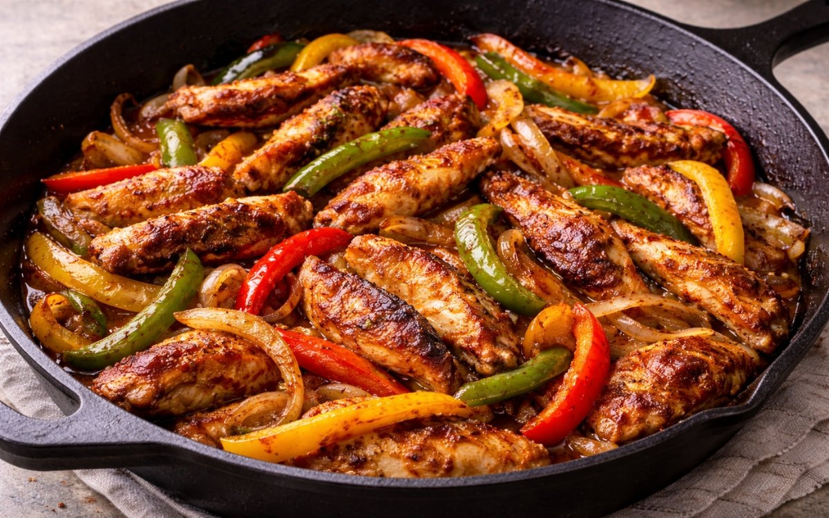 Chicken fajita in a cast iron pan showing sliced charred chicken thighs with caramelised tri-colour pepper strips and onions with lime wedge on marble surface