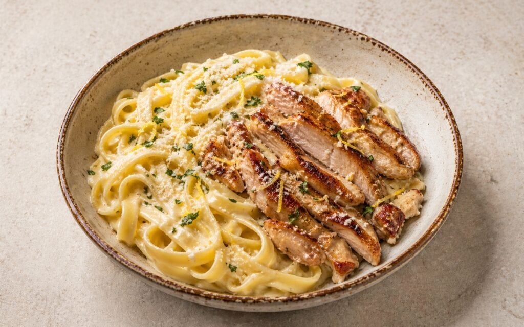 Chicken fettuccine alfredo in a wide white bowl showing silky golden pasta twirled with sliced seared chicken strips, freshly grated Parmigiano, and fresh parsley on marble surface