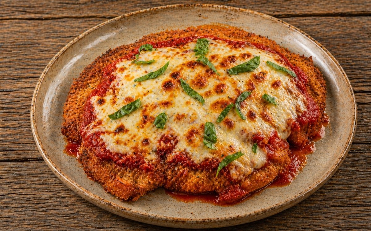 Chicken parmigiana in a white baking dish showing golden-brown melted cheese over marinara-topped crispy cutlets with fresh basil garnish on marble surface