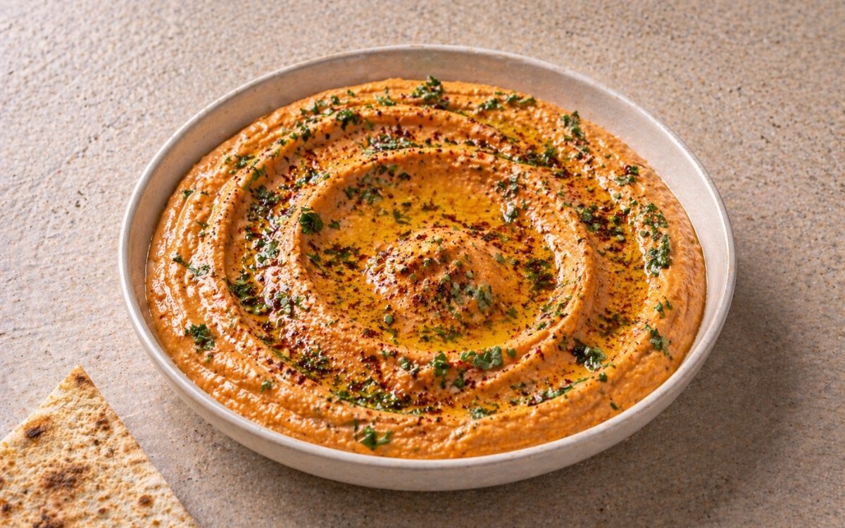 Chipotle lime hummus in a wide white bowl showing deep orange-red colour with olive oil drizzle, sumac garnish, and fresh cilantro on marble surface